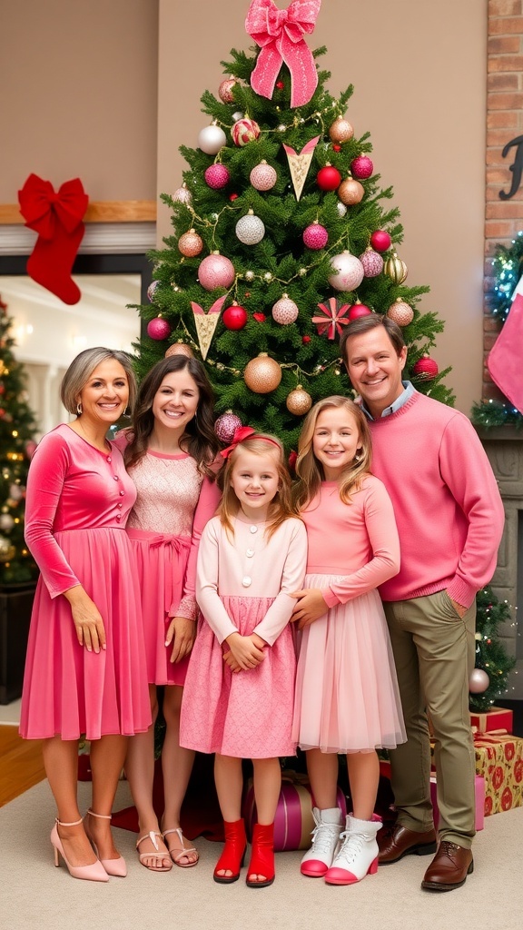 A happy family in pink Christmas outfits in front of a decorated tree.